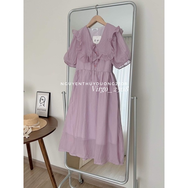 [HÀNG SẴN]VÁY TƠ CỔ BÈO VUÔNG THẮT NƠ DÁNG MIDI TIỂU THƯ