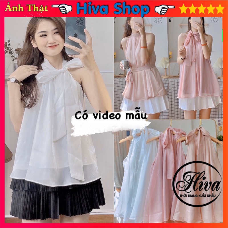 Áo voan tơ thắt nơ cách điệu ulzzang mẫu mới , Áo sơ mi nữ thiết kế không tay (video/ảnh thật/sẵn)