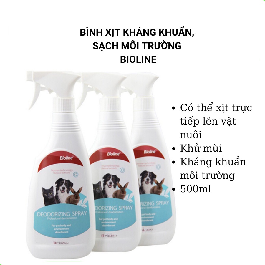 Chai xịt diệt khuẩn cho Chó Mèo Bioline Deodorizing Spray Chai 500ml Làm sạch không gian sống, Giúp thú cưng khỏe mạnh