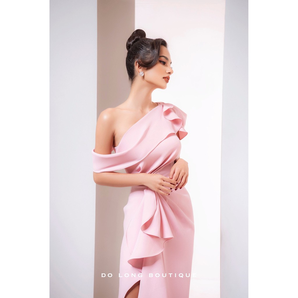 Đầm ôm body lệch vai bèo tay xếp ly eo  (HÀNG CAO CẤP)