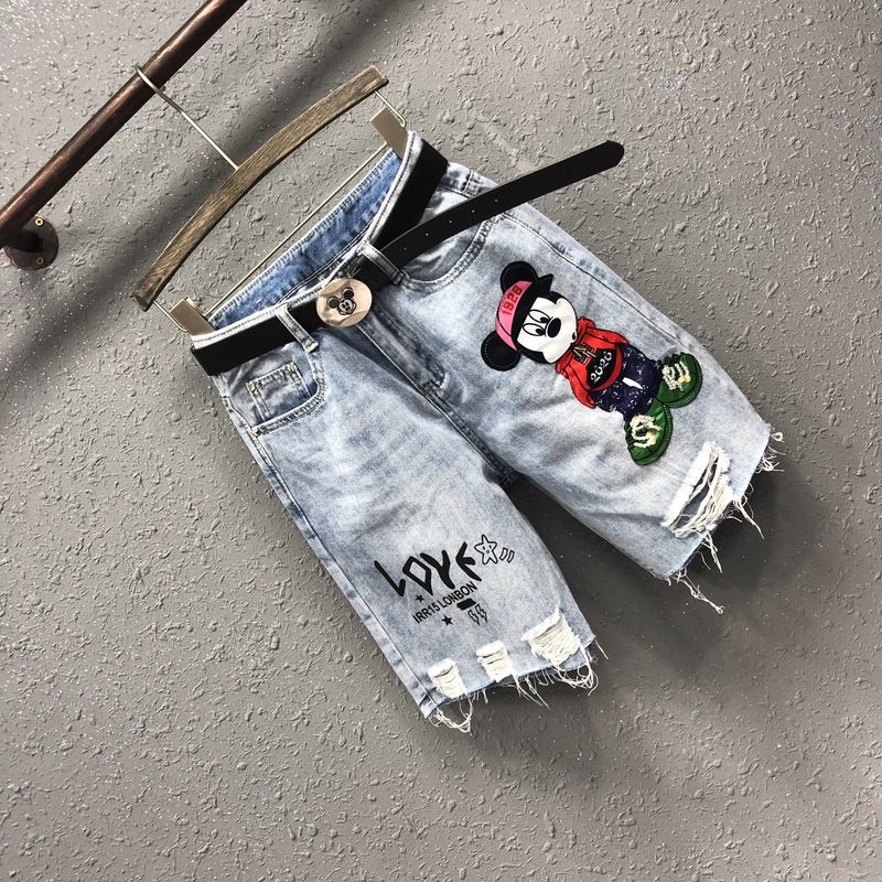 Mickey stickers tattered cropped jeans women's summer high waist versatile straight pants fashion cartoon pattern pants