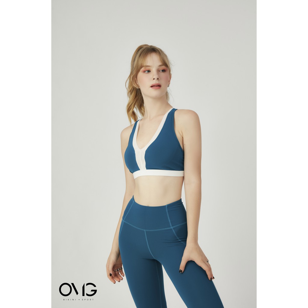 Bộ đồ tập Gym, Yoga Nữ BIKINI PASSPORT kiểu quần dài áo bra cổ V phối lưới- màu Xanh da trời - BG086_BU