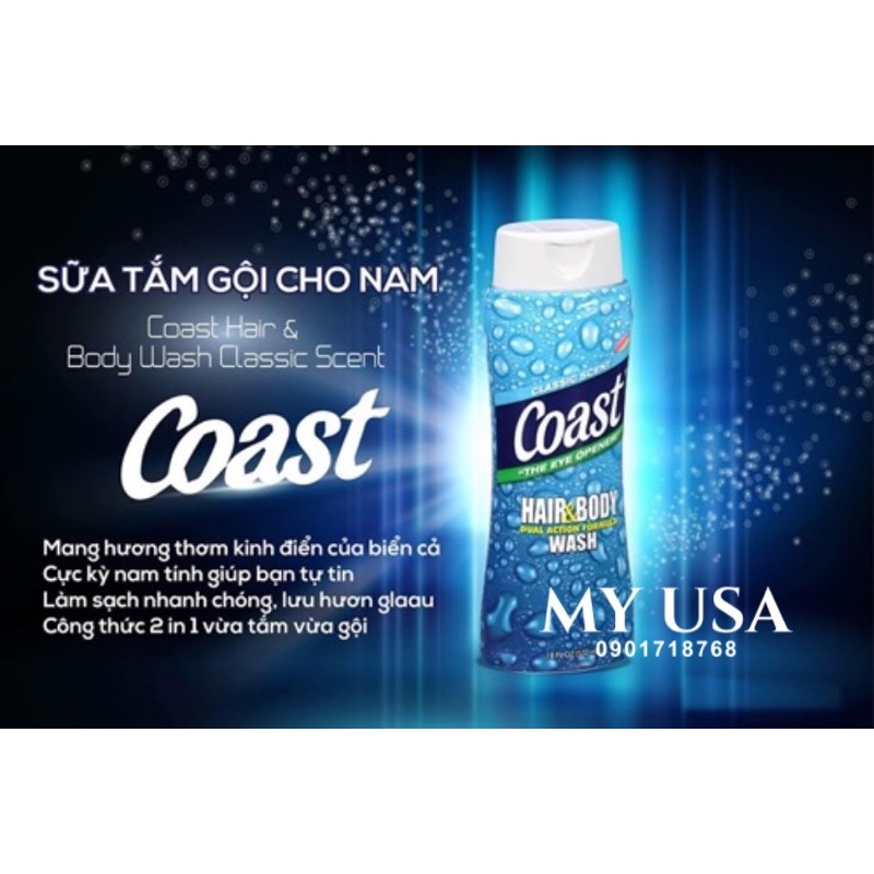 Gel tắm nam ❤️ Sữa tắm Coast Hair And Body Wash 532ml chuẩn Mỹ