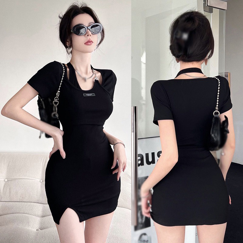 Đầm Tay Ngắn Màu Trơn Cổ Yếm Xẻ Tà Thời Trang Hàn Quốc Cho Nữ