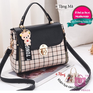 Túi Xách Nữ, Túi Xách Đeo Chéo Kẻ Caro Cài Móc Gấu Xinh Xắn
