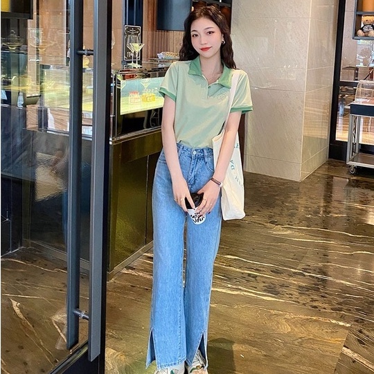 Áo Thun POLO Dệt Kim Tay Ngắn Dáng Rộng Thêu Hình Gấu Dễ Thương