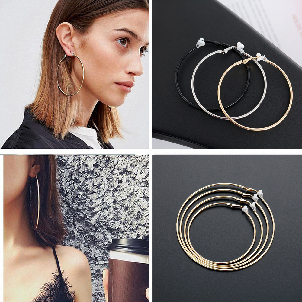 1 Đôi khuyên tai nữ kiểu tròn lớn màu vàng/bạc/đen không cần xỏ