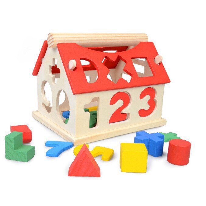 Nhà thả hình khối, số giúp bé tư duy phân biệt hình dạng màu sắc - Đồ chơi gỗ Montessori - Baby Toys- dochoigo012