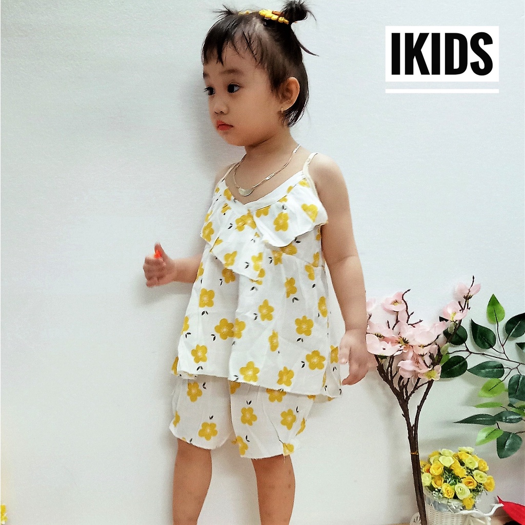 Quần áo trẻ em,Bộ hai dây babydoll chất đũi tằm họa tiết hình mặt cười,hoa lá đáng yêu cho bé gái 8-25kg( Ảnh thật)