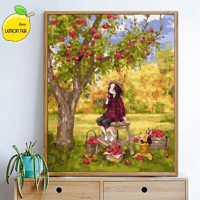 TRANH TÔ MÀU SỐ HÓA LEMON TEA SHOP " CÔ GÁI NHỎ VÀ CÂY TÁO" KHỔ 40X50