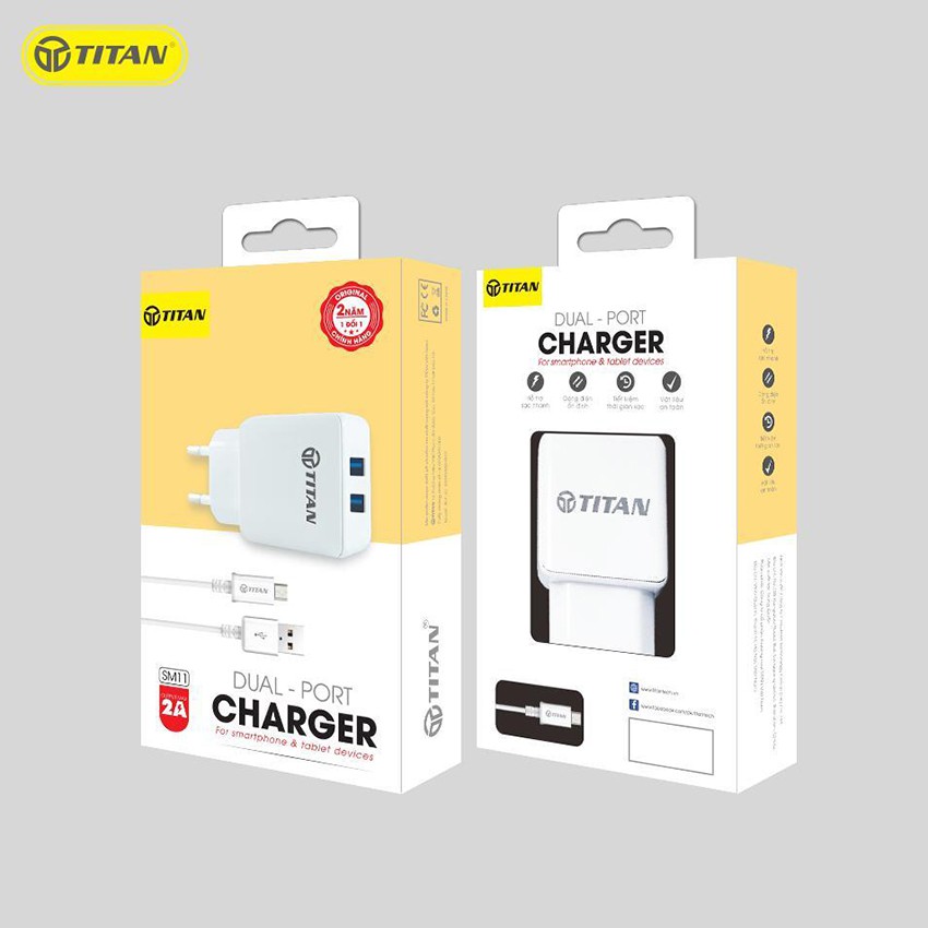 Combo Sạc Nhanh 2 Cổng Cáp Sạc Micro, Bộ sạc 2 Cổng USB Kèm Dây Sạc Micro Usb Thương Hiệu Titan Sản Phẩm Chính Hãng