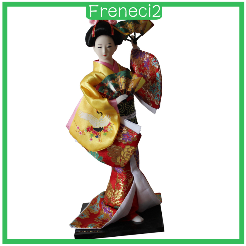Búp Bê Geisha Lady Mặc Kimono Màu Vàng Cỡ 12inch Trang Trí Nhà Cửa