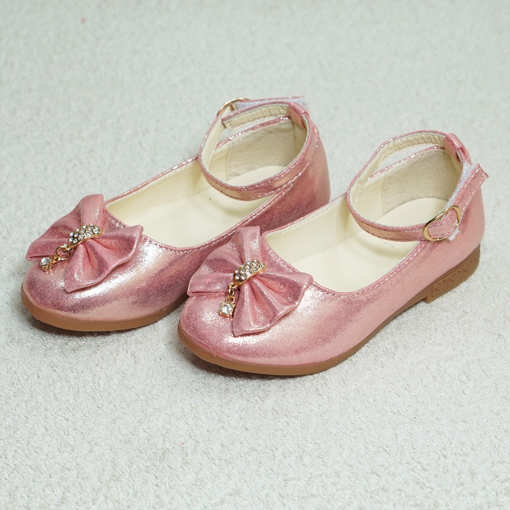 Giày búp bê nơ hồng ánh bạc bé gái