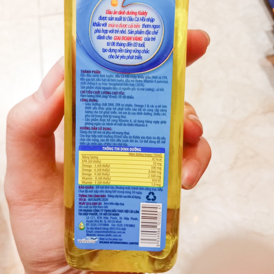 Dầu ăn dặm Kiddy cá hồi/olive/gấc vio 250ml dầu ăn trẻ em dinh dưỡng