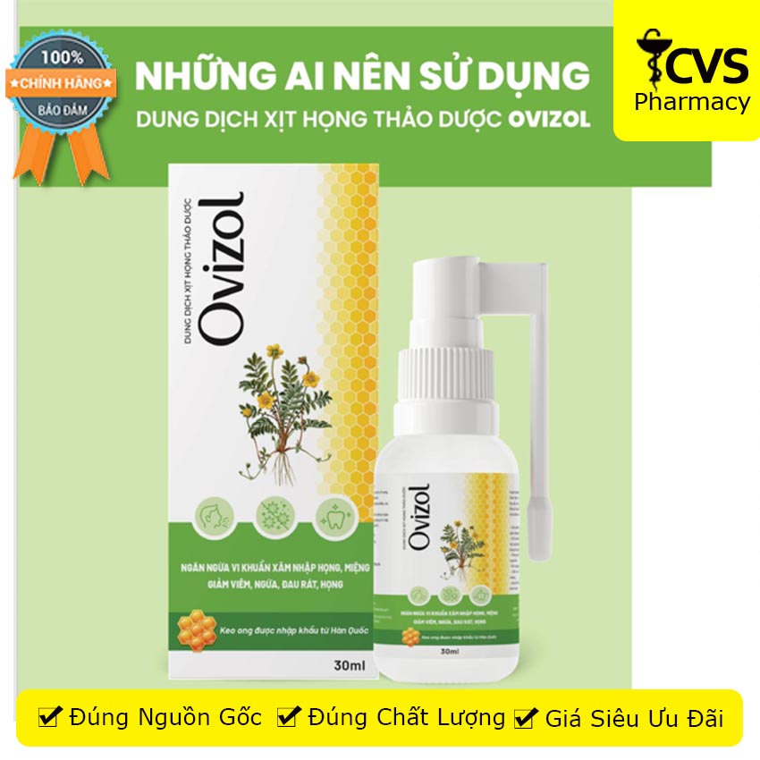 Dung Dịch Xịt Họng Thảo Dược Ovizol 30ml hỗ trợ làm giảm các triệu chứng nóng rát họng do trào ngược dạ dày - Cvspharmac