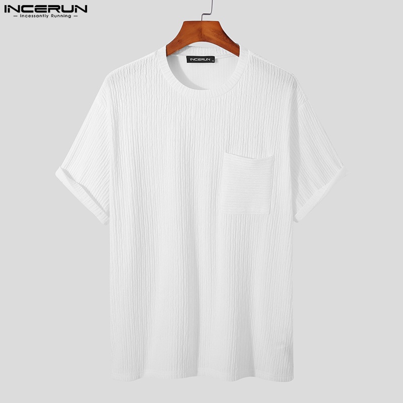 Áo thun INCERUN màu trơn mùa hè dáng rộng tay cộc có túi diềm xếp nếp cho nam