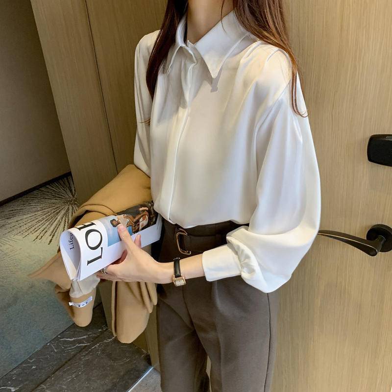 Áo sơ mi chiffon tay dài màu trắng phong cách Hàn Quốc mới cho nữ 2021