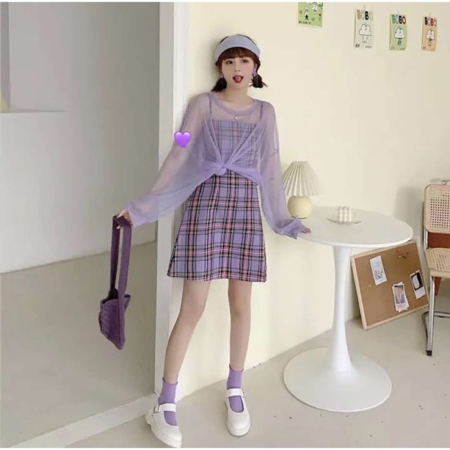 Set váy hai dây kẻ áo lưới ulzzang tím