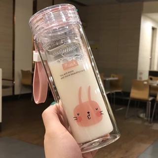 (Hàng orrder clip tự quay) Bình nước thuỷ tinh 2 lõi dày dặn siêu cute