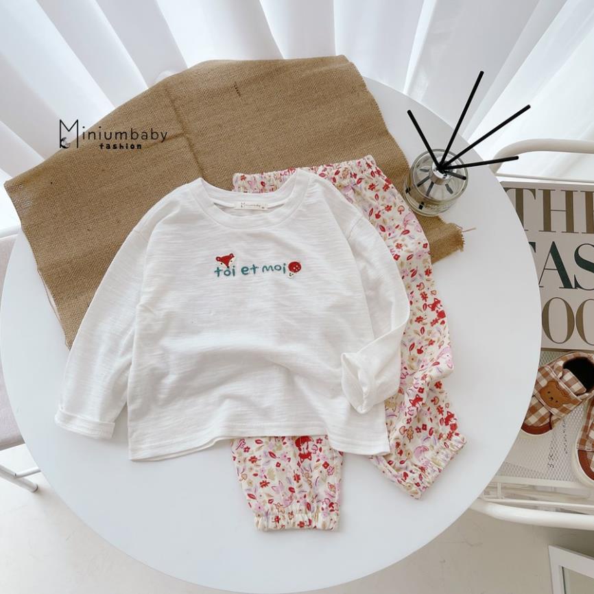 Bộ đồ dài tay quần dài thu đông thêu cáo nấm cho bé gái chất liệu 100% cotton quần áo trẻ em MiniumBaby-SB1252