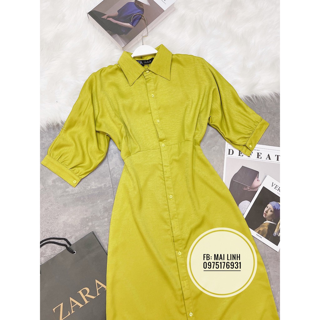 ⚡CHẤT ĐŨI TẰM⚡Đầm sơmi dáng xòe chất đũi tằm màu xanh cốm có dây buộc eo | BigBuy360 - bigbuy360.vn