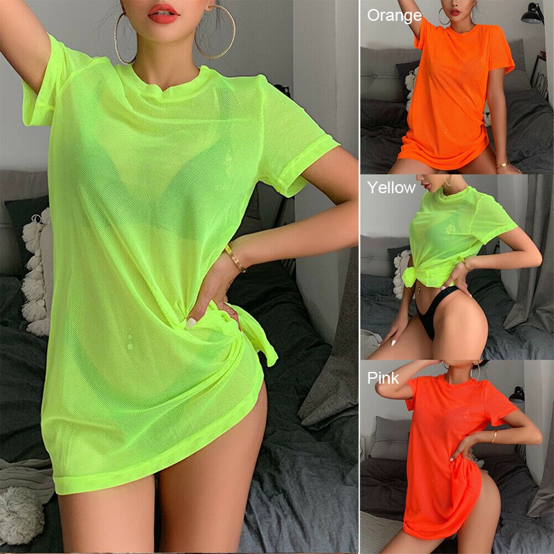 DRESSINGUP-Đầm tay ngắn cổ tròn thiết kế lưới xuyên thấu thời trang quyến rũ cho nữ