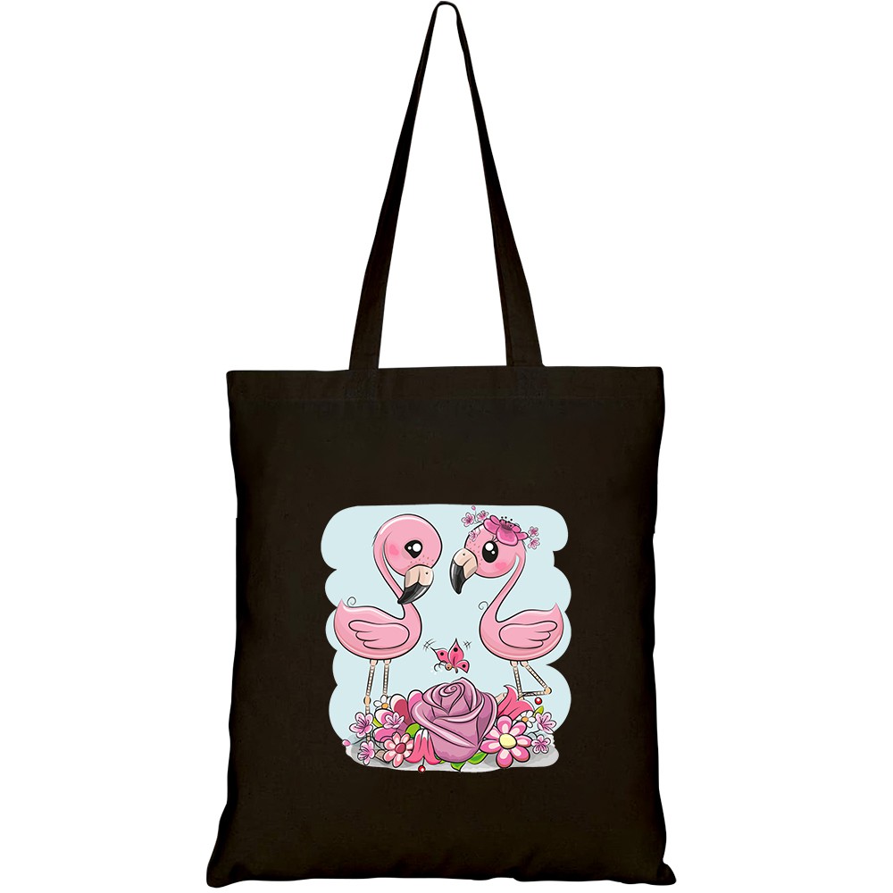 Túi vải tote canvas HTFashion in hình two cute cartoon flamingos flowers HT354