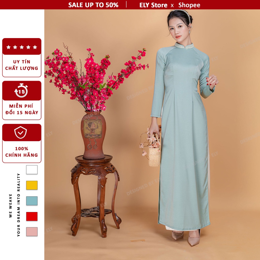 Áo dài truyền thống cổ đính kết cách điệu đẹp ELY lụa cao cấp đổi trả 15 ngày