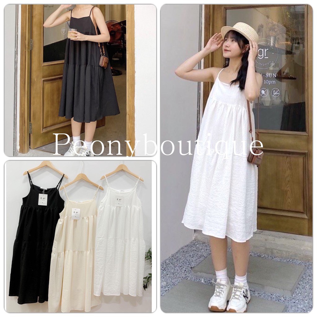 Váy Babydoll 3 Tầng Màu PEONYB Nữ [FREESHIP]  Đầm 2 dây suông dáng dài trẻ trung basic ĐEN | TRẮNG | BE Ulzzang