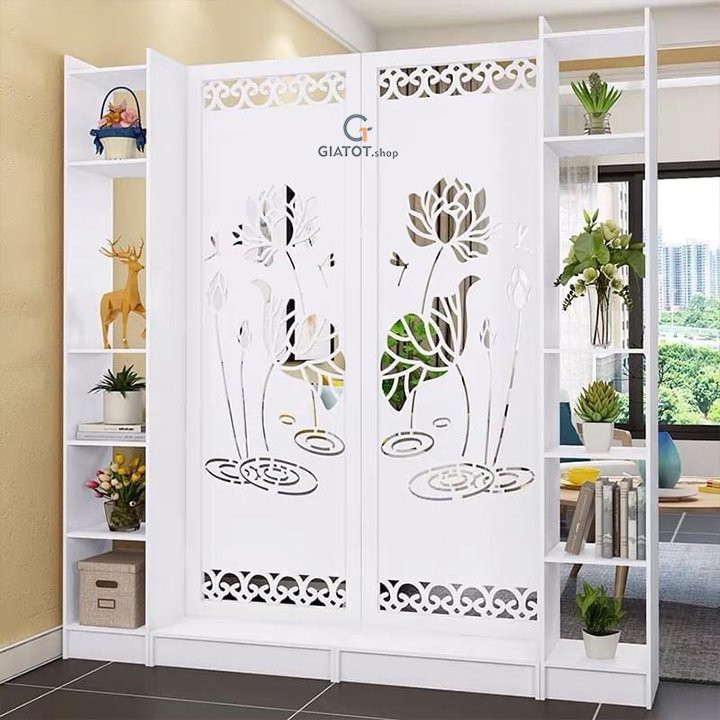 Bộ 2 vách ngăn liền 2 kệ hình sen trang trọng GTS335 bằng gỗ CNC cao cấp chống mối,mọt