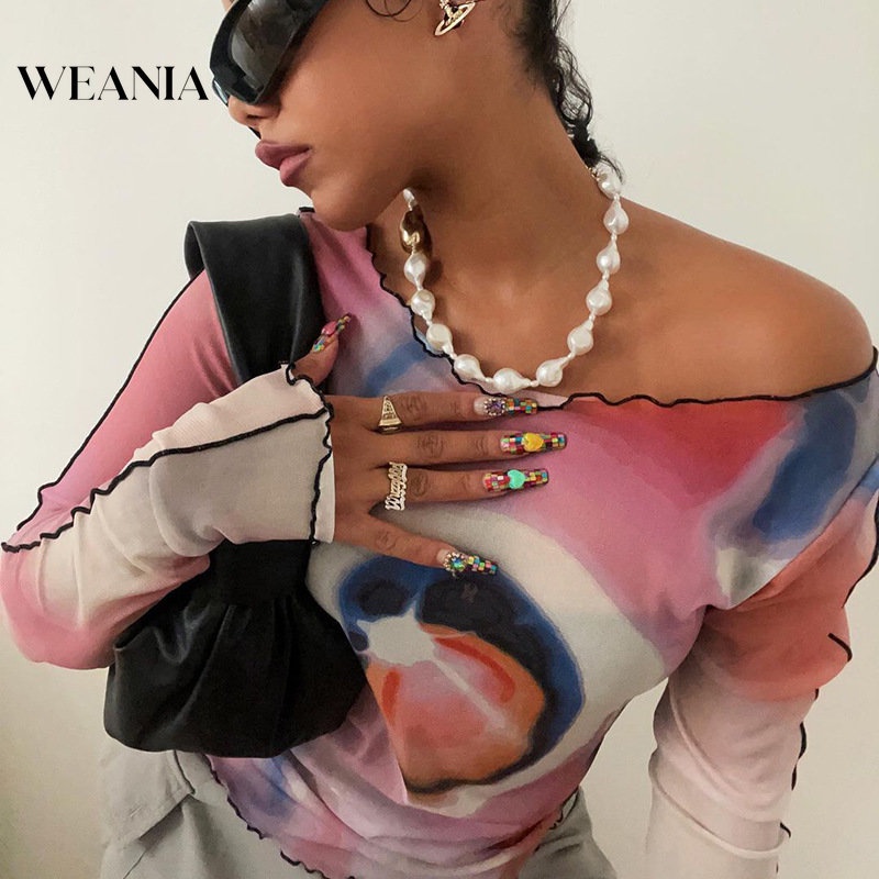 Áo Thun Tay Dài In Họa Tiết Phối Lưới Thời Trang Trẻ Trung