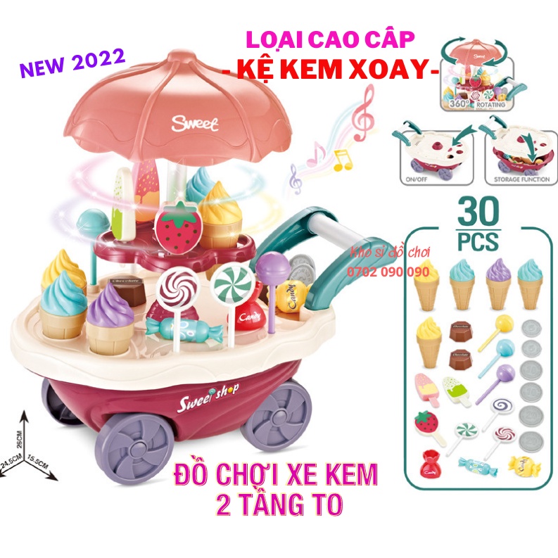 (sỉ) Đồ Chơi Xe Đẩy Kem, xe bán kem Cho Bé Có Đèn Nhạc 2 Tầng, 30 Chi Tiết