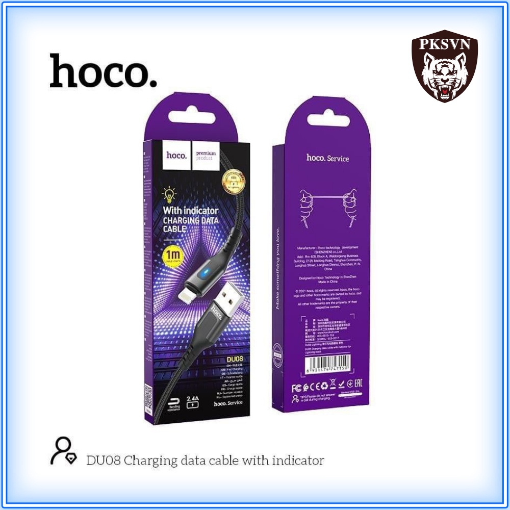 Cáp Sạc Hoco DU08 Chính Hãng Sạc nhanh 12w cho 13 promax trở xuống, Dây dù chống đứt, có Đèn LED dài 1M/2M -Bảo Hành 12T