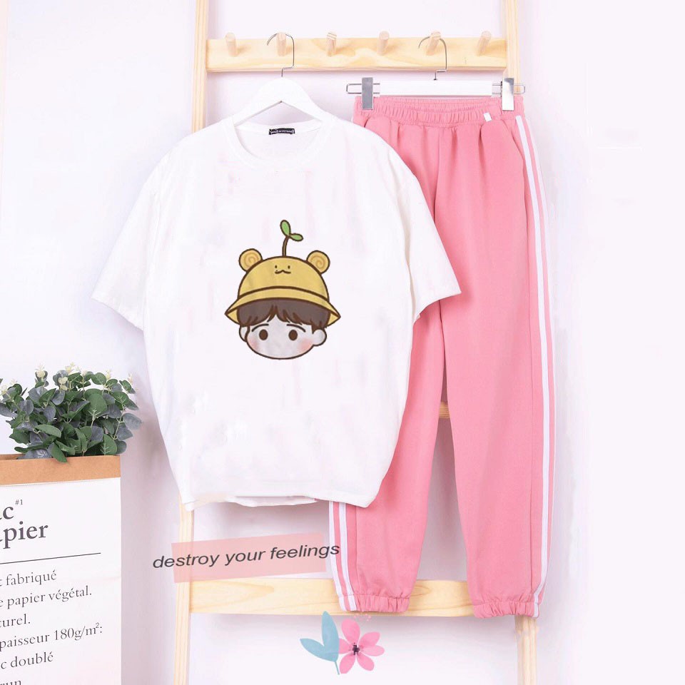 Sét áo phông mặt em bé mũ mầm + quần 2 sọc chun gấu full màu BIGOMALL