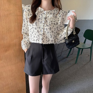 Áo sơ mi hoa dài tay cổ bèo búp bê ulzzang