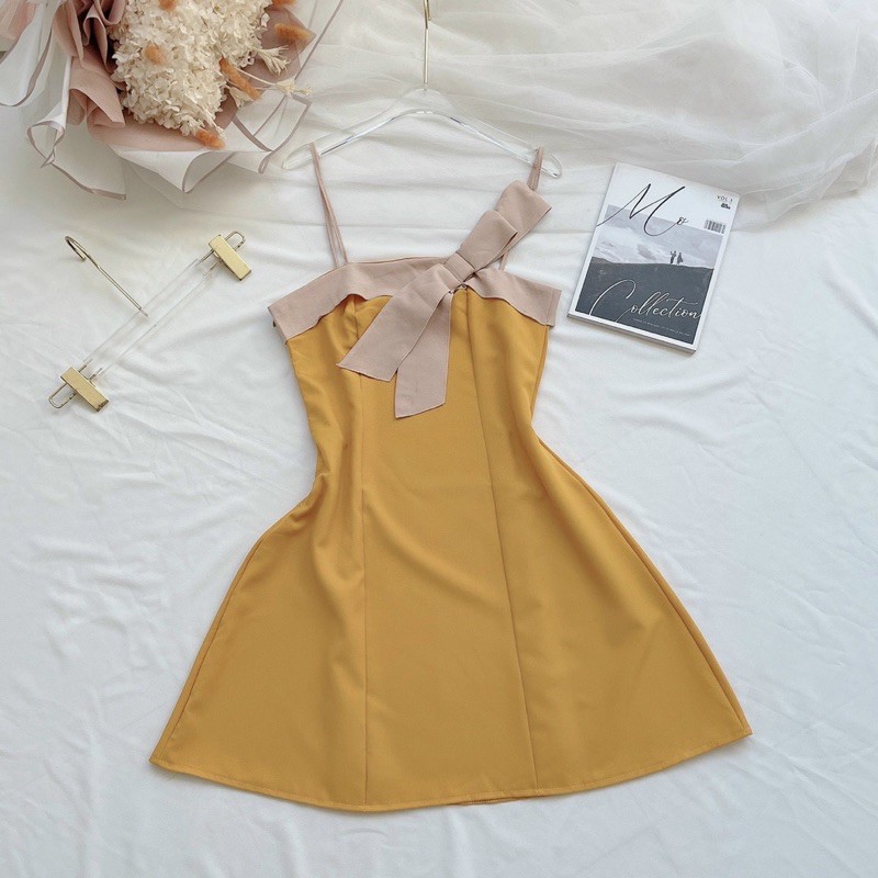 Đầm 2 dây phối màu nơ kute chất vải Tuyết Mưa Free Size 40-50kg dành cho nữ | BigBuy360 - bigbuy360.vn