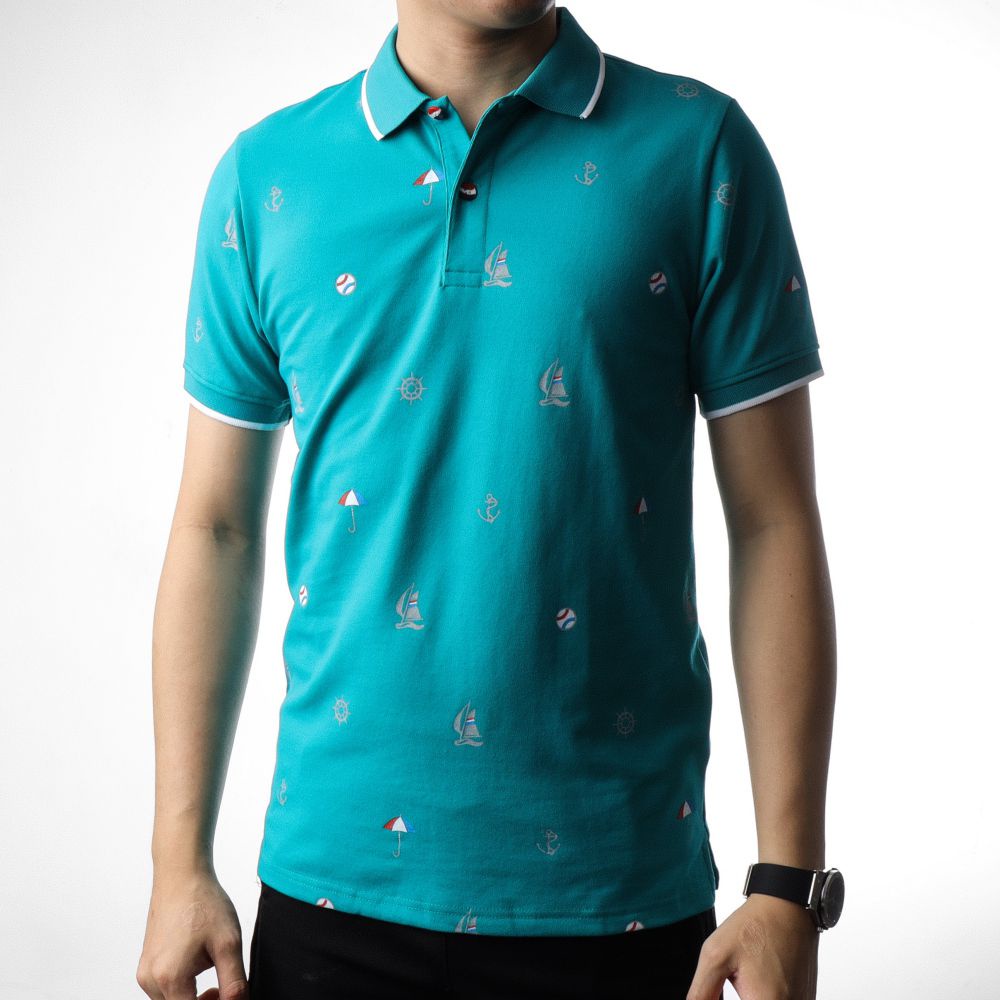 Áo thun nam cổ bẻ họa tiết con thuyền phối bo Pigofashion AHT27 màu trắng, chọn nhiều màu.