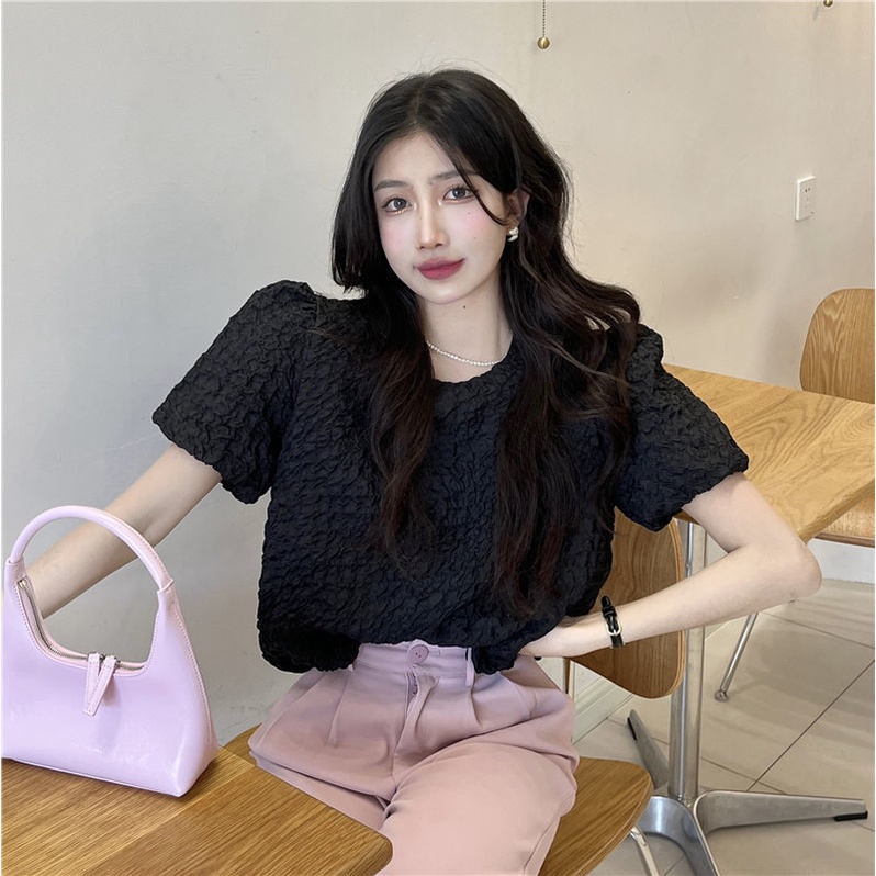 SUXI Áo Kiểu Tay Ngắn Phồng Cổ Tròn Màu Sắc Đơn Giản Thời Trang Mùa Hè Phong Cách Hàn Quốc Cho Nữ