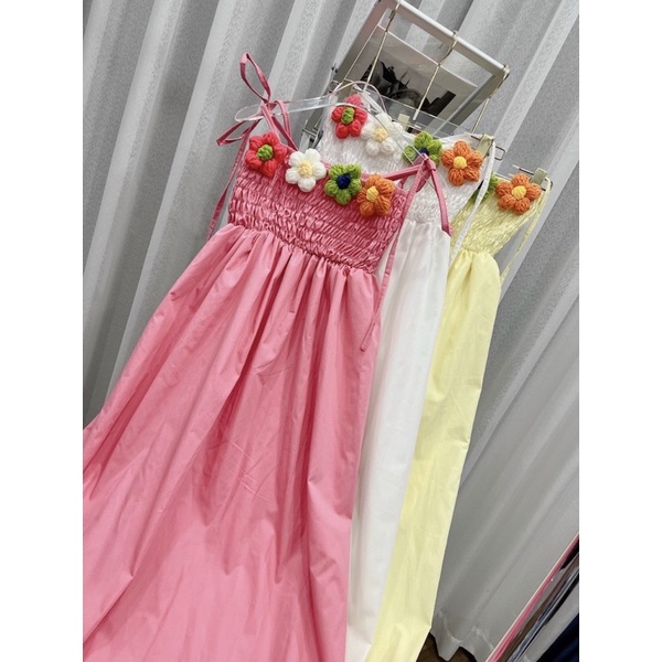 [Hàng sẵn - Hình thật] Đầm hai dây maxi nhúng thun ngực đính hoa rời xinh xắn