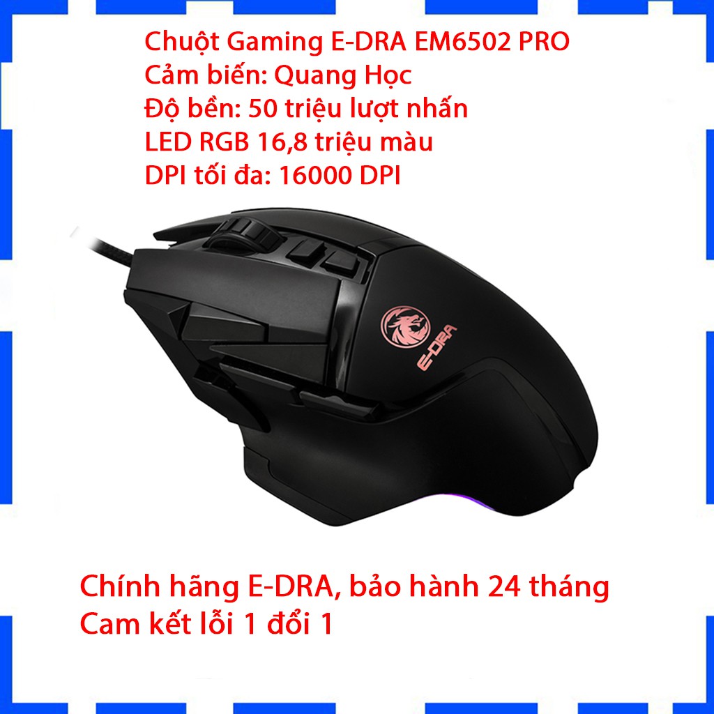 Chuột Gaming E-Dra EM6502 PRO - Chống nước - 50 triệu lượt click, 16000 DPI, LED RGB - Bảo hành 24 tháng