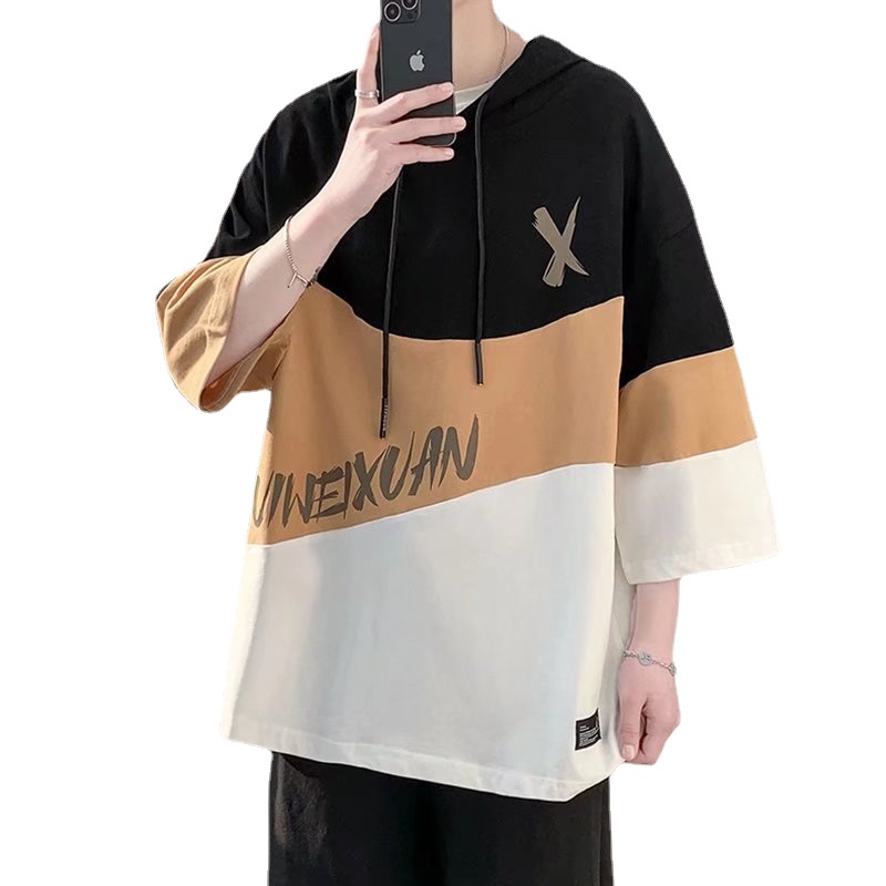 Áo Hoodie Tay Ngắn Dáng Rộng In Chữ Phong Cách Hip Hop Đường Phố Hàn Quốc Thời Trang Cho Nam Cỡ M-3XL