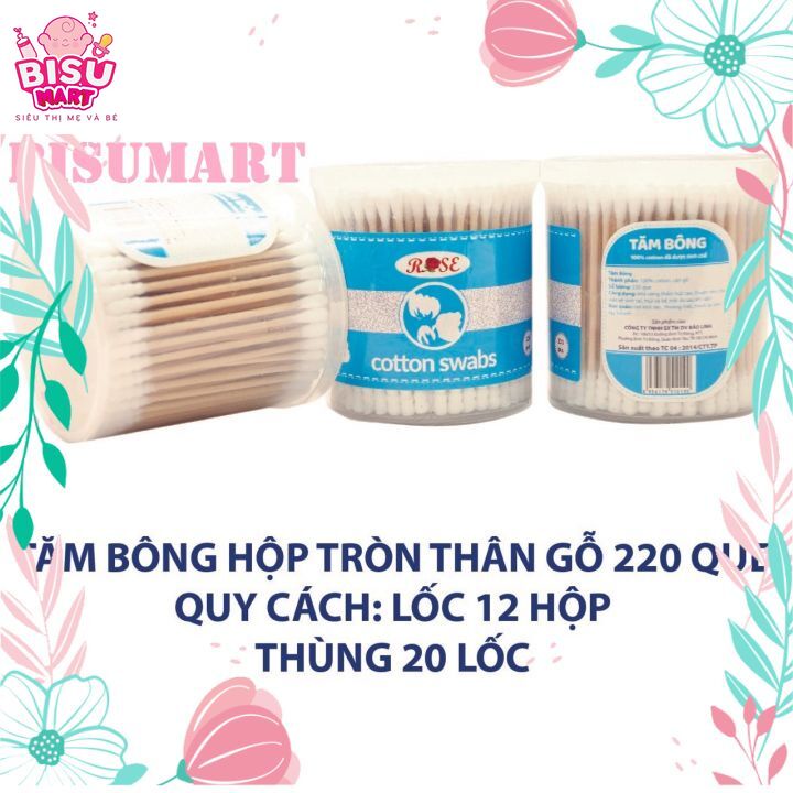 Tăm bông, bông ráy tai lõi gỗ ROSE (Hộp tròn 220 que)