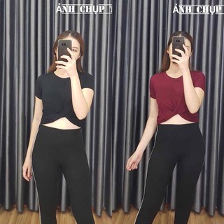 Áo thun croptop xoắn eo thun lụa thái
