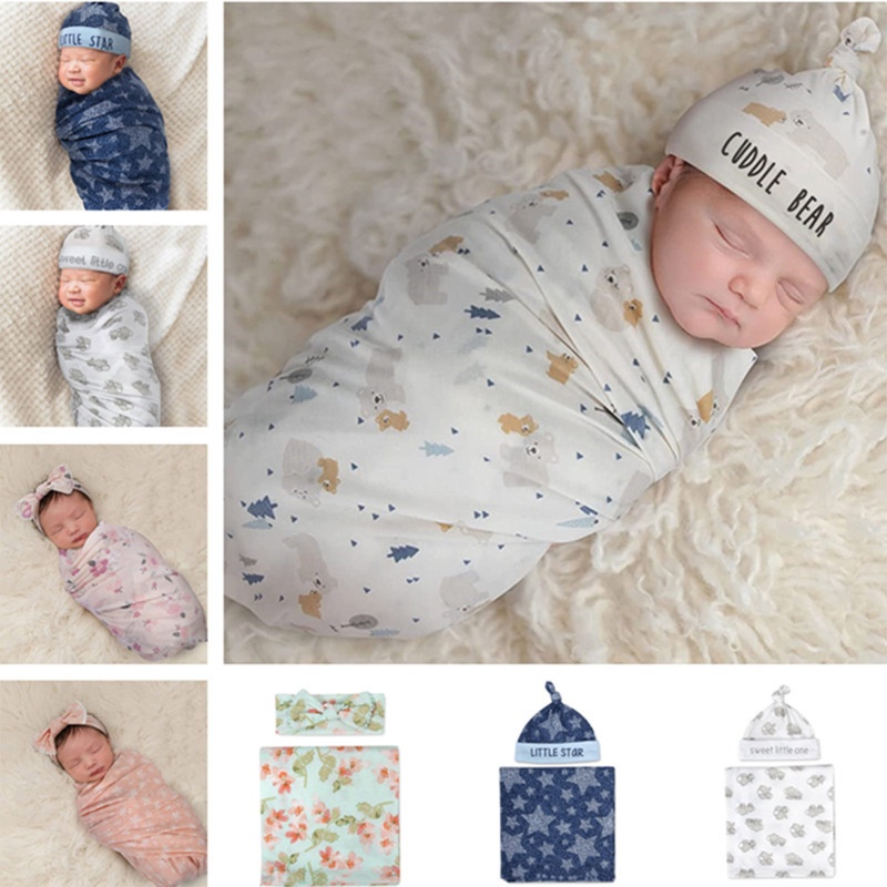 Set 2 Chăn Quấn Kèm Mũ In Hoa / Động Vật Dễ Thương Cho Bé Sơ Sinh