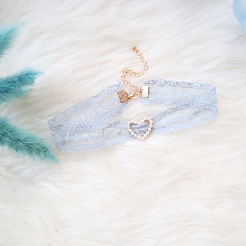 Choker ren màu xanh đính hạt - vòng cổ ren đính hạt