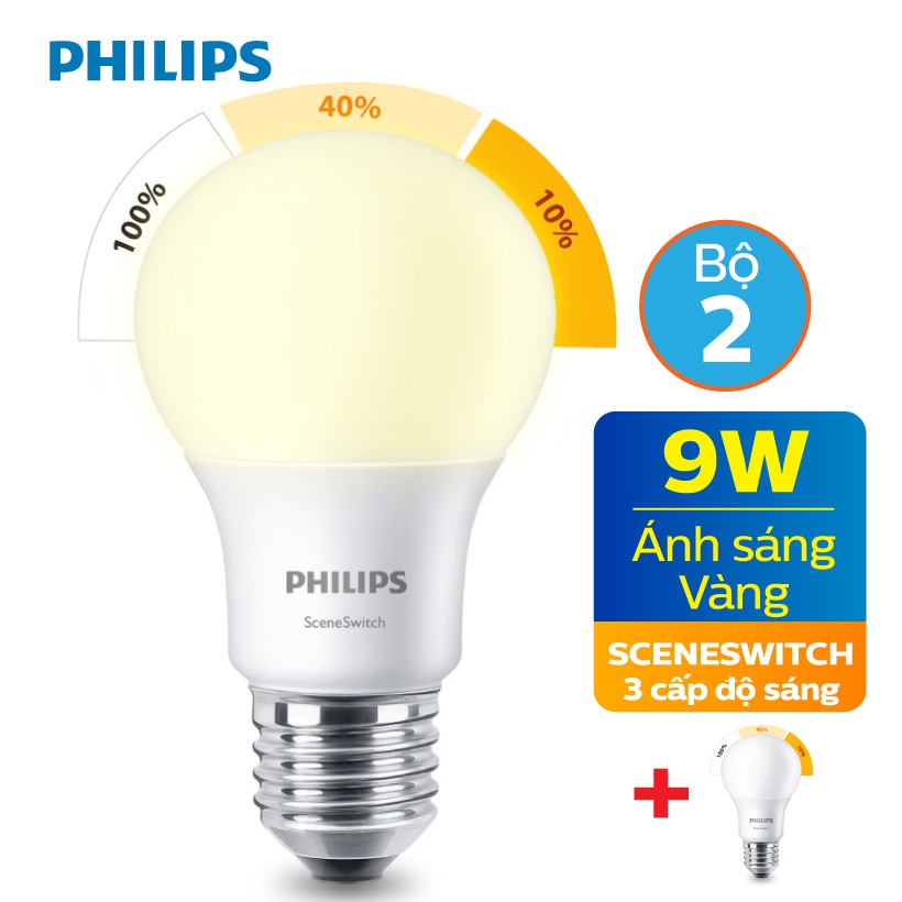Bộ 2 Bóng đèn LED Philips Scene Switch 9W 3 cấp độ 3000K E27 A60 - Ánh sáng vàng