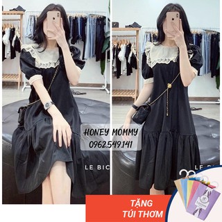 Váy Bầu Suông Đẹp Mùa Hè Đầm Bầu Công Sở Màu Đen Cổ Ren Thiết Kế Giá Rẻ HD2636 Honey Mommy