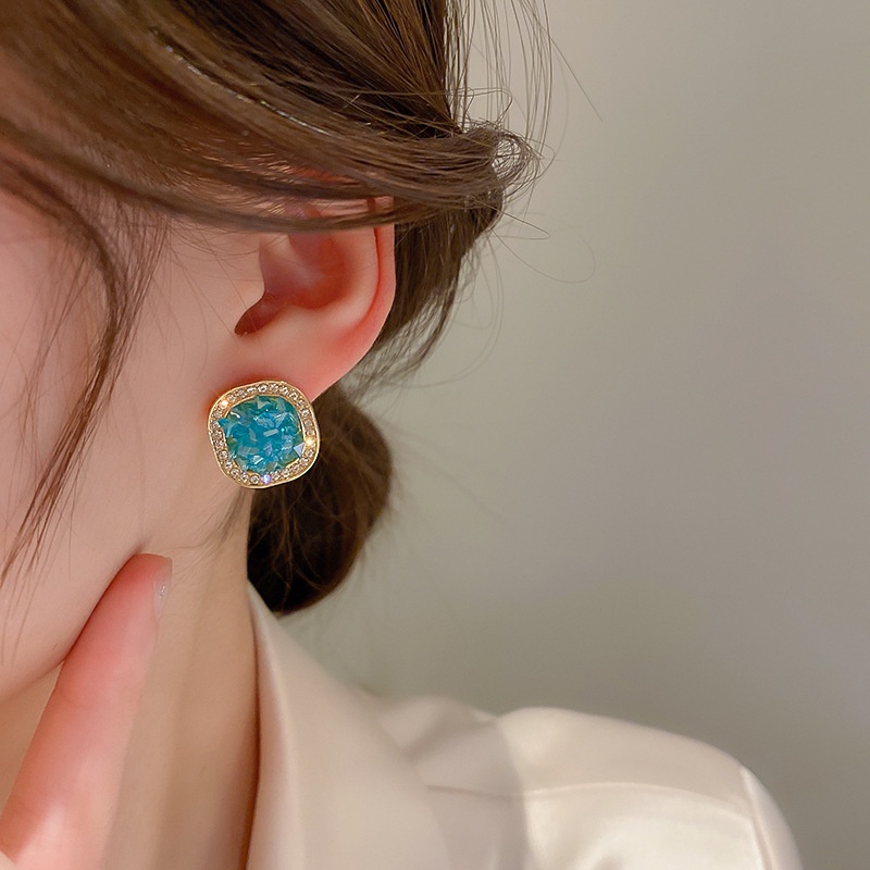 Bông Tai Mạ Bạc 2022 Đính Đá Zircon Hình Vuông Màu Xanh Dương