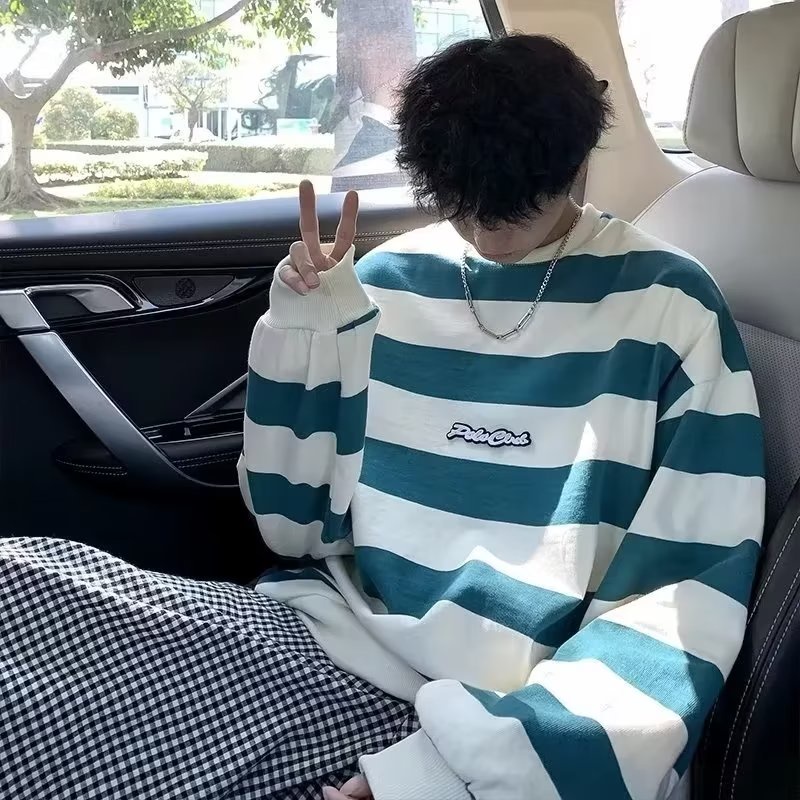 Áo sweater Cổ Tròn Dáng Rộng Họa Tiết Kẻ Sọc Phong Cách Hàn Quốc Thời Trang Cho Nam 8XL