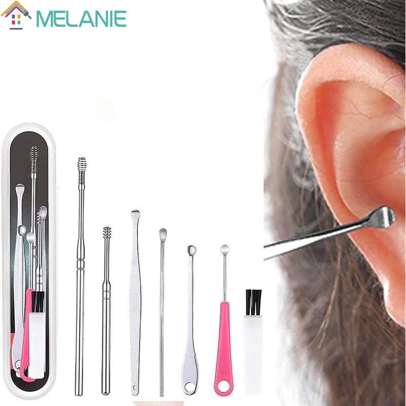 [Hàng mới về] Set 7 dụng cụ làm sạch tai chất liệu thép không gỉ có hộp đựng tiện dụng